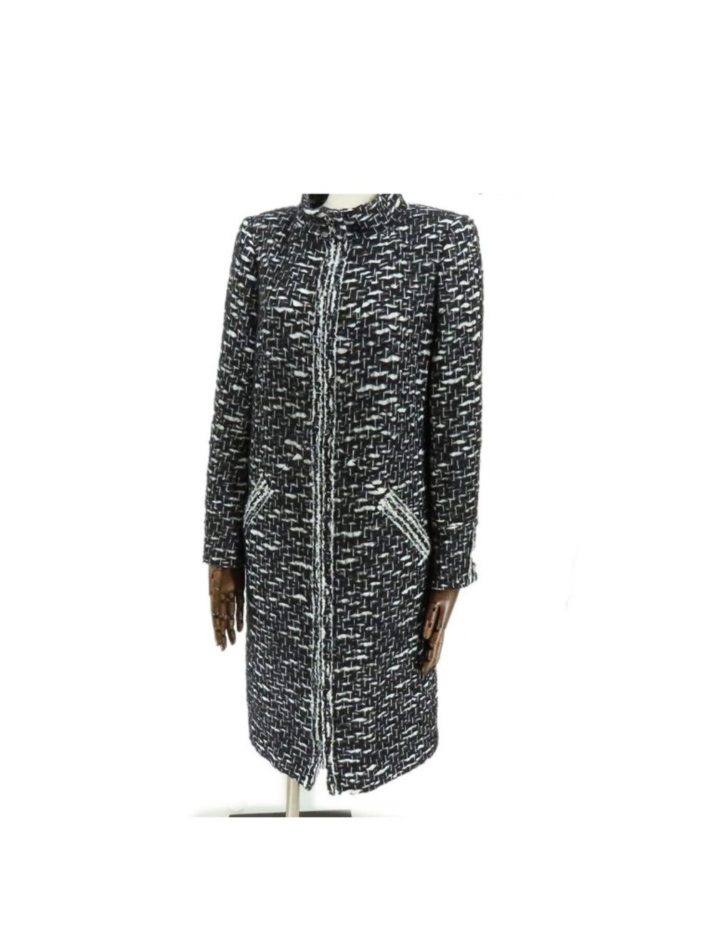 Chanel Coat White Black Wool Polyester Zip Up Outer 38